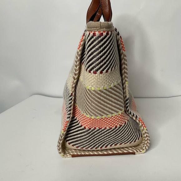Jen & Co Woven Patterned Cotton Peach Cream Grey Striped Tote Bag Lined Interior - Picture 5 of 15